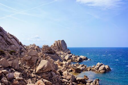 Stones and rocks on the Mediterranean sea at Capo Testa in Santa Teresa Gallura province on Sardinia island in Italy. Nature, mountainsの写真素材