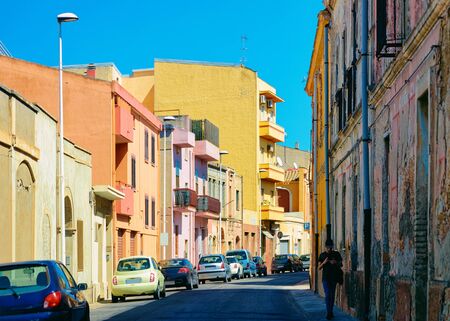 Street view on Road with car parked in Cagliari in Sardinia Island in Italy. Urban districtの写真素材