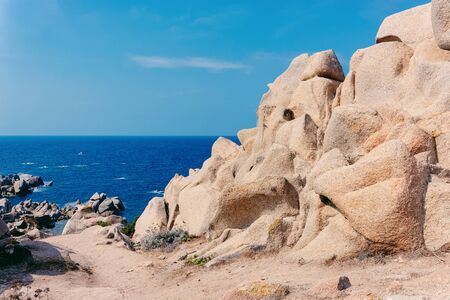Stones and rocks at the Mediterranean sea in Capo Testa in Santa Teresa Gallura province on Sardinia island in Italy. Nature, mountainsの写真素材