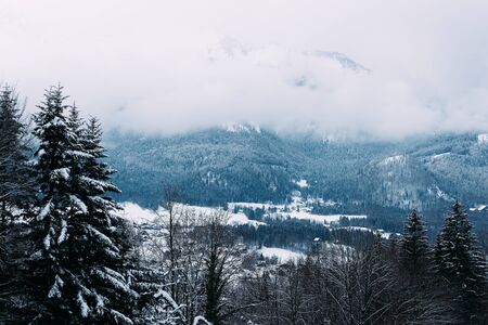 Scenery with snowy winter landscape in Apls in Bad Goisern village near Hallstatt of Upper Austria....