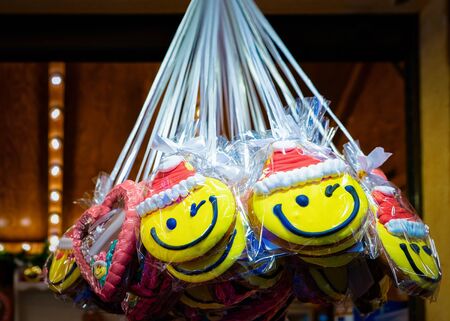 Gingerbread cookies on Christmas market in Germany in Europe in winter. German Night street Xmas and holiday fair in European city or town, December. Gendarmenmarkt in Berlinの写真素材