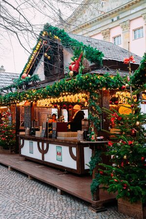 Berlin, Germany - December 12, 2017: Decorated stall with gluhwein hot wine at Christmas market near Opera house in Berlin in Germany in Europe in winter.のeditorial素材