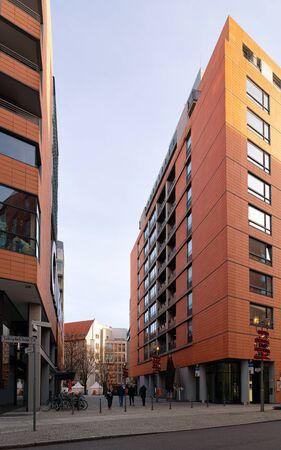 Berlin, Germany - December 13, 2017: Street with modern building architecture on Potsdamer Platz...