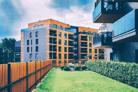 Fence at modern architectural residential buildings quarter. And outdoor facilities.のeditorial素材
