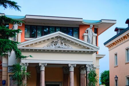 Facade of building architecture in Arco town center near Garda lake of Trentino of Italy. Street with old house at Old city in Trento near Riva del Garda. Travel and tourismの写真素材