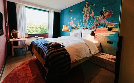 Bedroom interior with modern design furniture and window