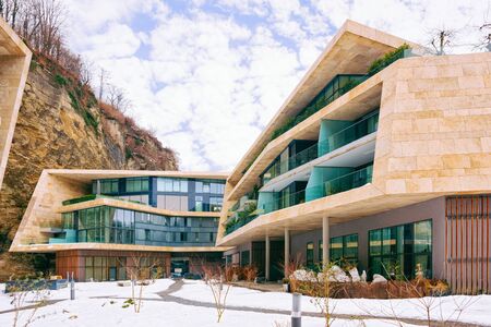 Modern residential apartment and flat buildings exterior of Salzburg snowの写真素材