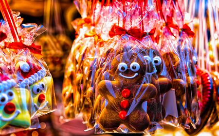 Sweet Gingerbread on Night Christmas Market.の写真素材