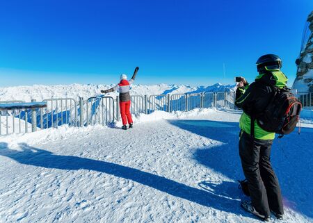 Lady girl at Hintertuxer Gletscher ski resort in mountains