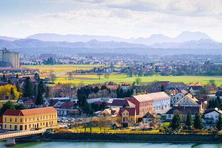 Cityscape from Ptuj Castle on Old town and Drava River in Slovenia. Architecture in Slovenija. Travelの写真素材