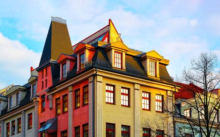 Apartment in residential building exterior. Housing structure at blue modern house of Europe. Rental...