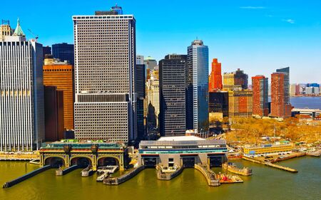 Helicopter view of Lower Manhattan in New York reflexの写真素材