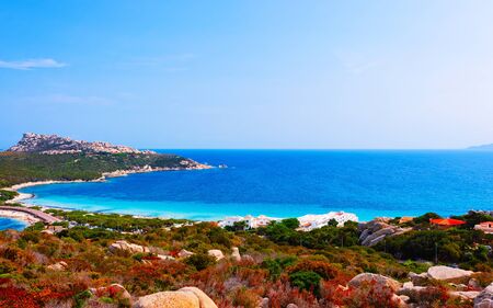Landscape with Rocky coast of Capo Testa in Santa Teresa Gallura at the Mediterranean Sea on Sardinia Island in Summer Italy. Scenery of Cagliari province. Mixed media.の写真素材