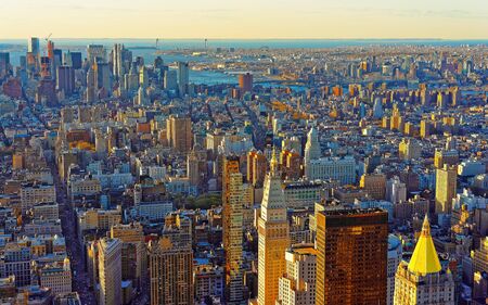 Aerial panoramic view on Skyline with Skyscrapers in Downtown and Lower Manhattan, New York City, America. USA. American architecture building. Panorama of Metropolis NYC. Metropolitan Cityscapeの写真素材