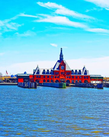 Central Railroad of New Jersey Terminal and Hudson River. View from Manhattan, New York of USA. Skyline and cityscape with skyscrapers at United States of America, NYC, US. American architecture.の写真素材