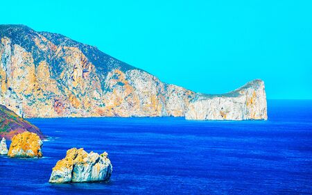 Landscape at Porto Corallo in Nebida and the coast of Mediterranean Sea at Carbonia-Iglesias, Sardinia, Italy. Scenery of Sardegna, summer. Cagliari province, Porto Cervo. Mixed media.の写真素材
