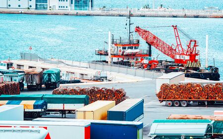 Van containers and Cargo Shipping on port Cagliari Sardinia Italy reflexの写真素材