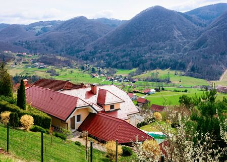 Landscape of valley and Celje old town in Sloveniaの写真素材