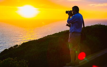 Man and Landscape at Portoscuso and the coast of Mediterranean Sea at Carbonia-Iglesias, Sardinia, Italy. Scenery of Sardegna, summer. Cagliari province. Mixed media.の写真素材