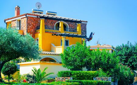 Rural landscape. Cottage in Beautiful Carbonia-Iglesias. Panorama in South Sardinia island of Italy. Scenery of Sardegna in summer. Cagliari province. Mixed media.の写真素材