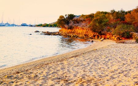 Landscape with Sunrise or sunset at beach on Mediterranean sea in Porto Rotondo on Costa Smeralda in Sardinia island, Italy. Sardegna in summer. Olbia province. Mixed media.の写真素材