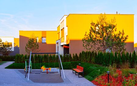 Apartment in residential building exterior. Housing structure at blue modern house of Europe. Rental home in city district on summer. Architecture for business property investment, Vilnius, Lithuania.の写真素材