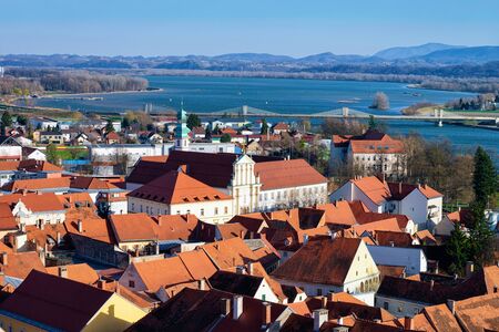 Panoramic view of Ptuj old town and Drava River in Slovenia. Architecture in Slovenija. Travelの写真素材