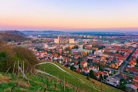 Romantic Landscape and cityscape with vineyards in Maribor in Slovenia in Lower Styria in Europe. Nature in spring in Slovenija. Sunset. Vine cesta on Piramida or Pyramid hillの写真素材