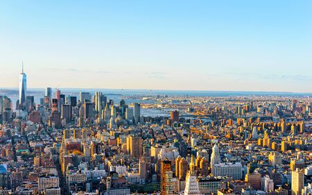 Aerial panoramic view on Skyline with Skyscrapers in Downtown and Lower Manhattan, New York City, America. USA. American architecture building. Panorama of Metropolis NYC. Metropolitan Cityscapeの写真素材