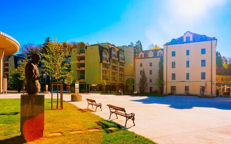 Apartment in residential building exterior. Housing structure at blue modern house of Europe. Rental home in city district on summer. Architecture for property investment, Rogaska Slatina, Slovenia.の写真素材