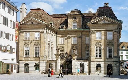 Zurich, Switzerland - September 2, 2016: People at Palace at Munsterhof quarter in in the city center of Zurich, Switzerland. Mixed media.のeditorial素材