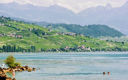 People swimming at Lakefront, Lake Geneva in Lausanne, Switzerland. Mixed media.の写真素材