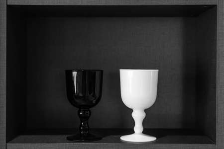 black and white porcelain glass showed in cabinetの写真素材