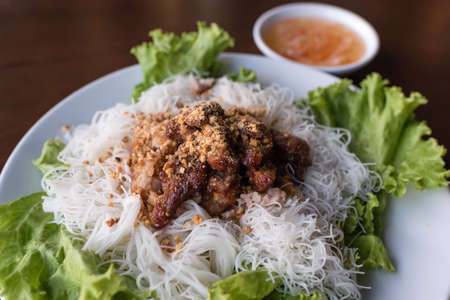 vietnamese white noodle with grilled porkの写真素材