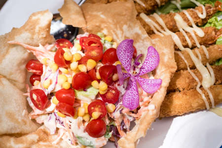 fried shrimp with cream saladの写真素材