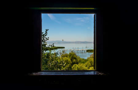 View of Manyas Bird Paradise from watch tower window it's like a natural framed paintingの写真素材