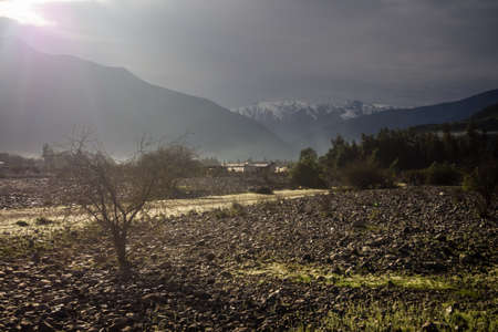 Landscape of Elqui Valley in Chile. Sunrise in the valley near VicuÃ±a townの写真素材