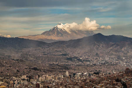 Panoramic cityscape in La Paz in Bolivia. High snow mountain in the backの写真素材