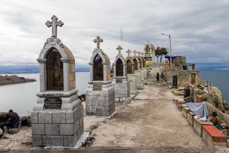 Detail of Cerro Calvario in Copacabana town, lake Titicaca in Bolivia. crosses and saints panoramic view pointの写真素材