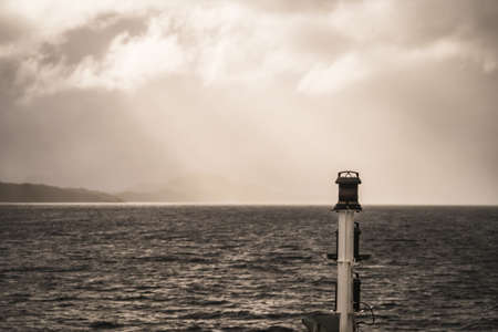 Ship across the chilean fiords in South Patagonia. Detail of the channels in the fiords and sunlight, Chileの写真素材