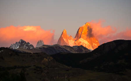 Sunrise light iluminate the top of the mount Fitz Roy in the Glaciers National Park in Patagonia, Argentinaの写真素材
