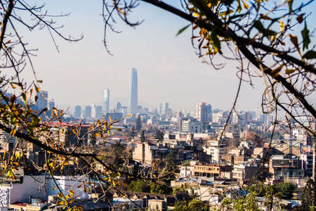 Cityscape of Santiago de Chile with the Costanera Center in the midle. Sanata Lucia Park