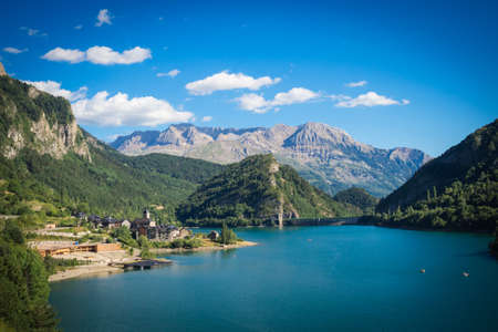 Lanuza village in spanish Pyrenees, landscape mountais and lakes