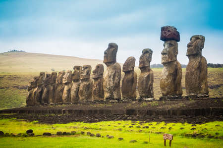 Moais at Ahu Tongariki in Easter island. The largest ahu in the island 15 moaiの写真素材
