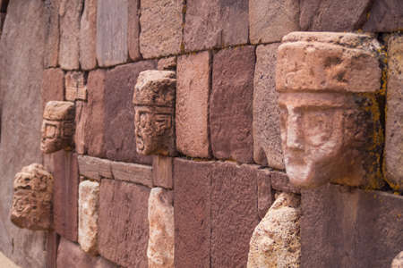 Front view. Ruins of the ancient city of Tiwanaku, Bolivia, faces of culture of Tiwanaku