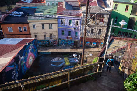 VALPARAISO, CHILE - june 2, 2017: Colourful graffiti on a house in Valparaiso, Chile. Valparaiso Historic centre is a UNESCO world heritage siteのeditorial素材