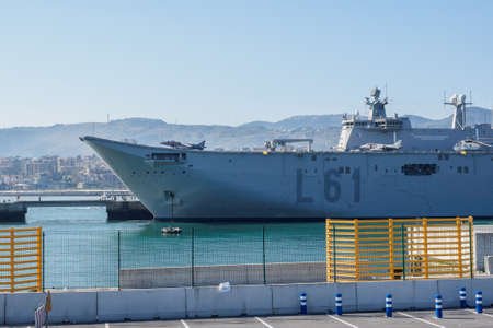 BILBAO, SPAIN - MARCH / 23/2019. The aircraft carrier of the Spanish Navy Juan Carlos I in the port...