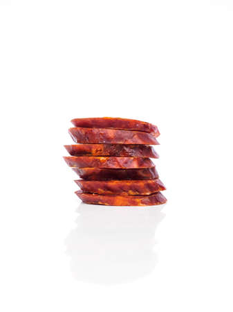 Iberian chorizo, Spanish chorizo â€‹â€‹or Spanish sausage cut into slices placed one on...
