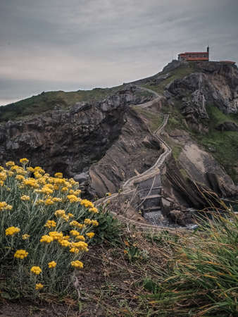 The coast from San Juan de Gaztelugatxe, Dragon-stone in Game of Thrones, bridge and stone stairs. Yellow flowers in spring and summerの写真素材