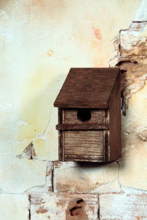 an old and rustic bird house on a dirty and broken wallの写真素材